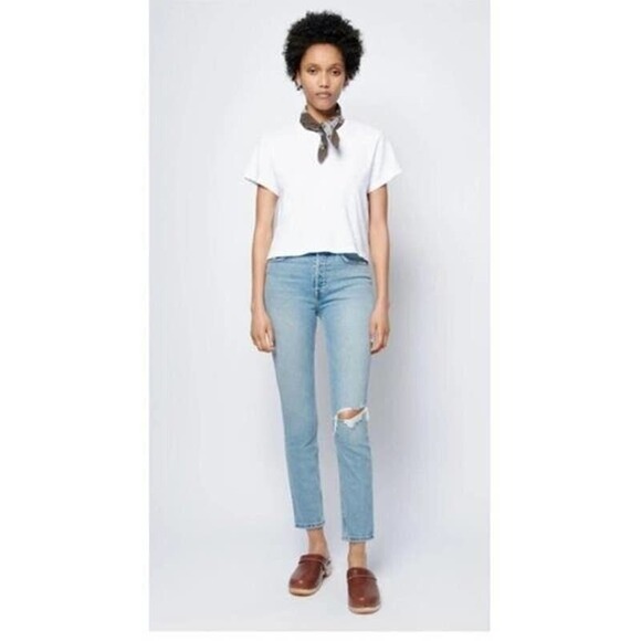 NWT Re/Done 90s High Rise Ankle Crop Jeans Slim Fit Destroy Blue Women's Size 26 - Picture 1 of 6